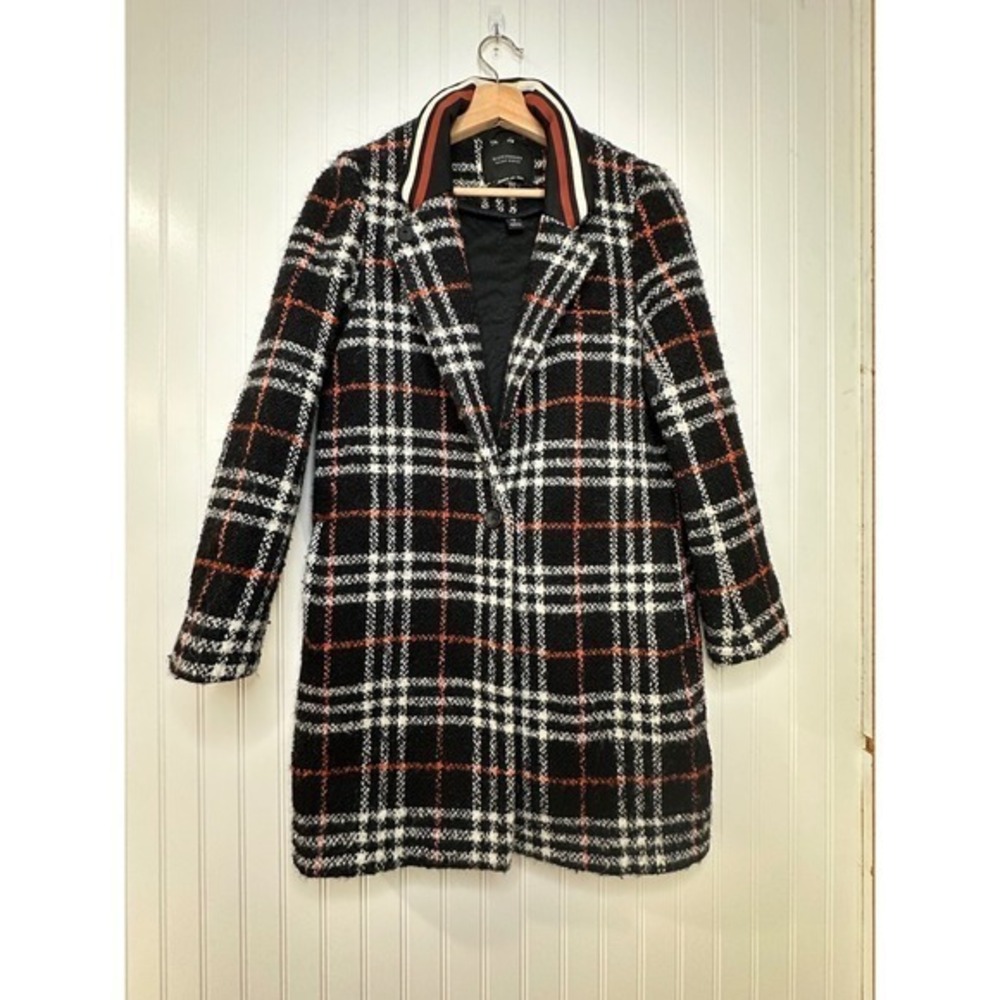 Scotch Soda Plaid Coat Women's Size S Black Orange White Wool Blend Jacket - Picture 2 of 14